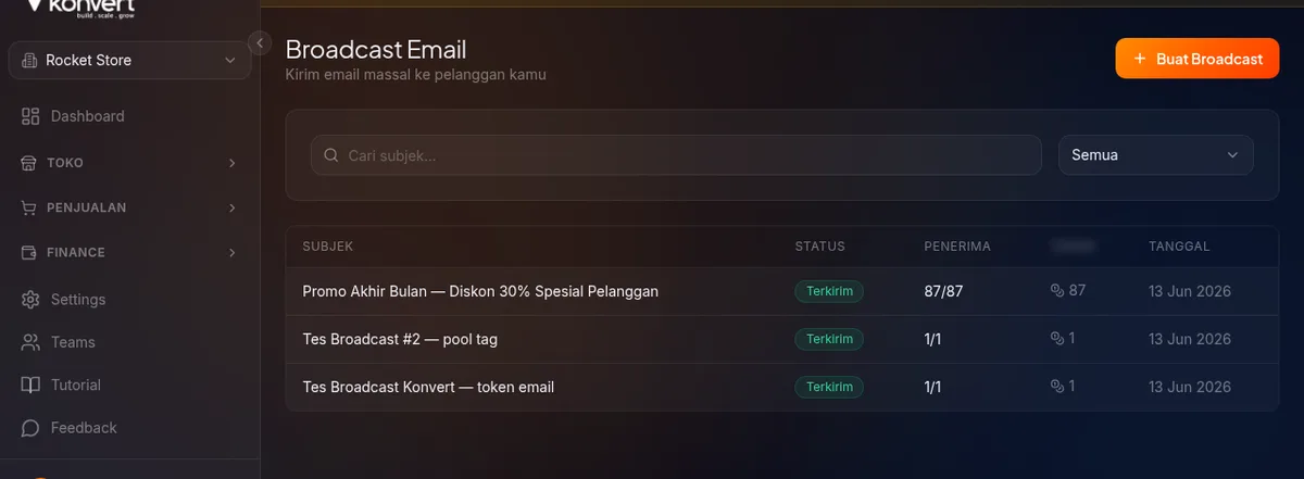 halaman daftar broadcast email — tabel dengan kolom Subjek, Status, Penerima, Token, Tanggal; kotak pencarian dan filter status di atas; tombol "Buat Broadcast" di kanan atas