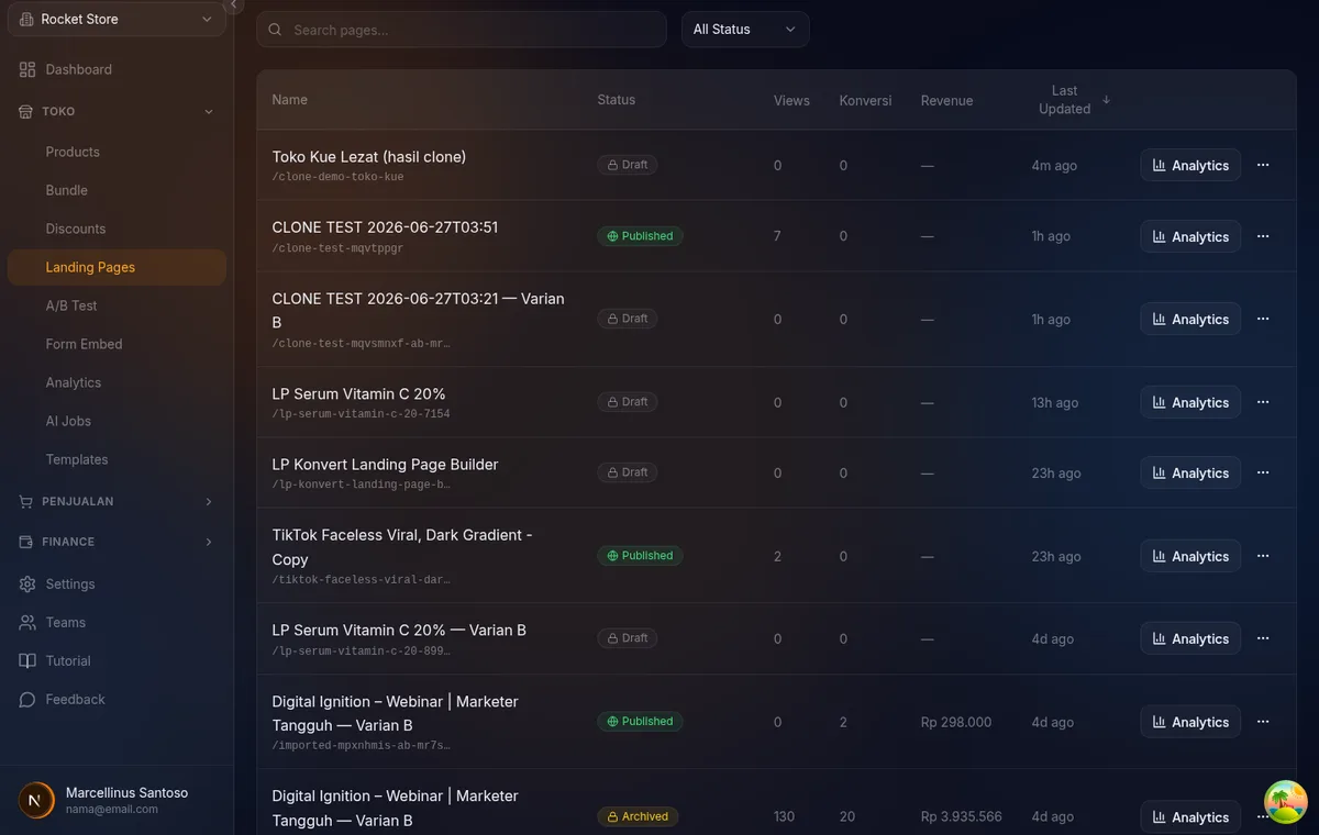 builder LP → tab Settings → section Custom Domain — daftar domain aktif untuk dipilih