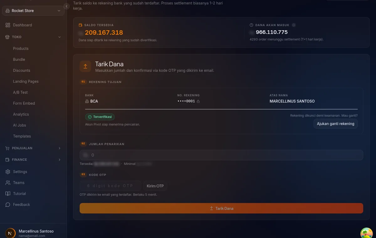 /finance/withdraw — input Jumlah Penarikan dengan kotak Rincian Penarikan (jumlah, biaya admin, total dipotong, diterima)