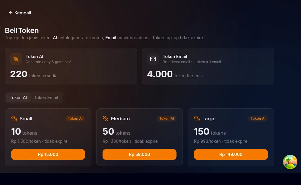 halaman Beli Token di /settings/billing/topup pada tab Token AI